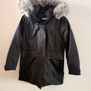 Lands' End Black Parka with Faux Fur Hood